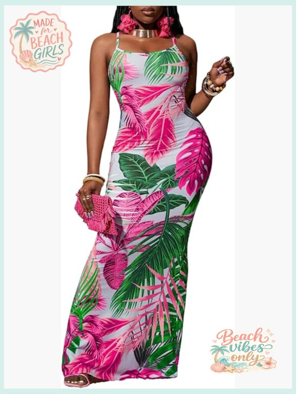 Tropical Print Maxi Dress Spaghetti Strap Bodycon Sleeveless
